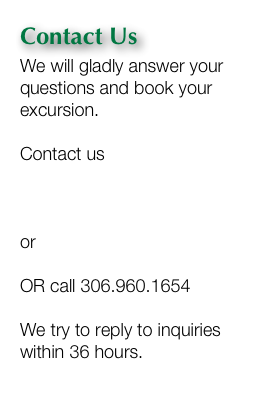 Contact Us 
We will gladly answer your questions and book your excursion.

Contact us:

bmuir@sundogs.sk.ca

or b.muir@sasktel.net

OR call 306.960.1654

We try to reply to inquiries within 36 hours.
